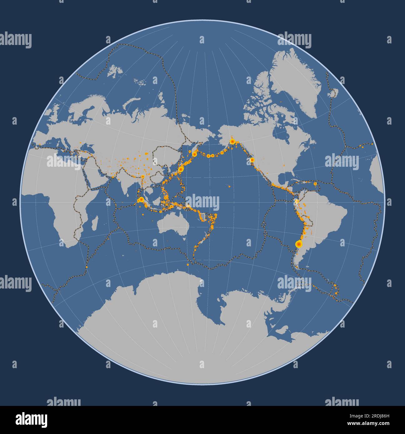 Forme de la plaque tectonique des nouvelles Hébrides sur la carte de contour solide dans la projection de Lagrange centrée méridien. Emplacements des tremblements de terre au-dessus de Ric Illustration de Vecteur