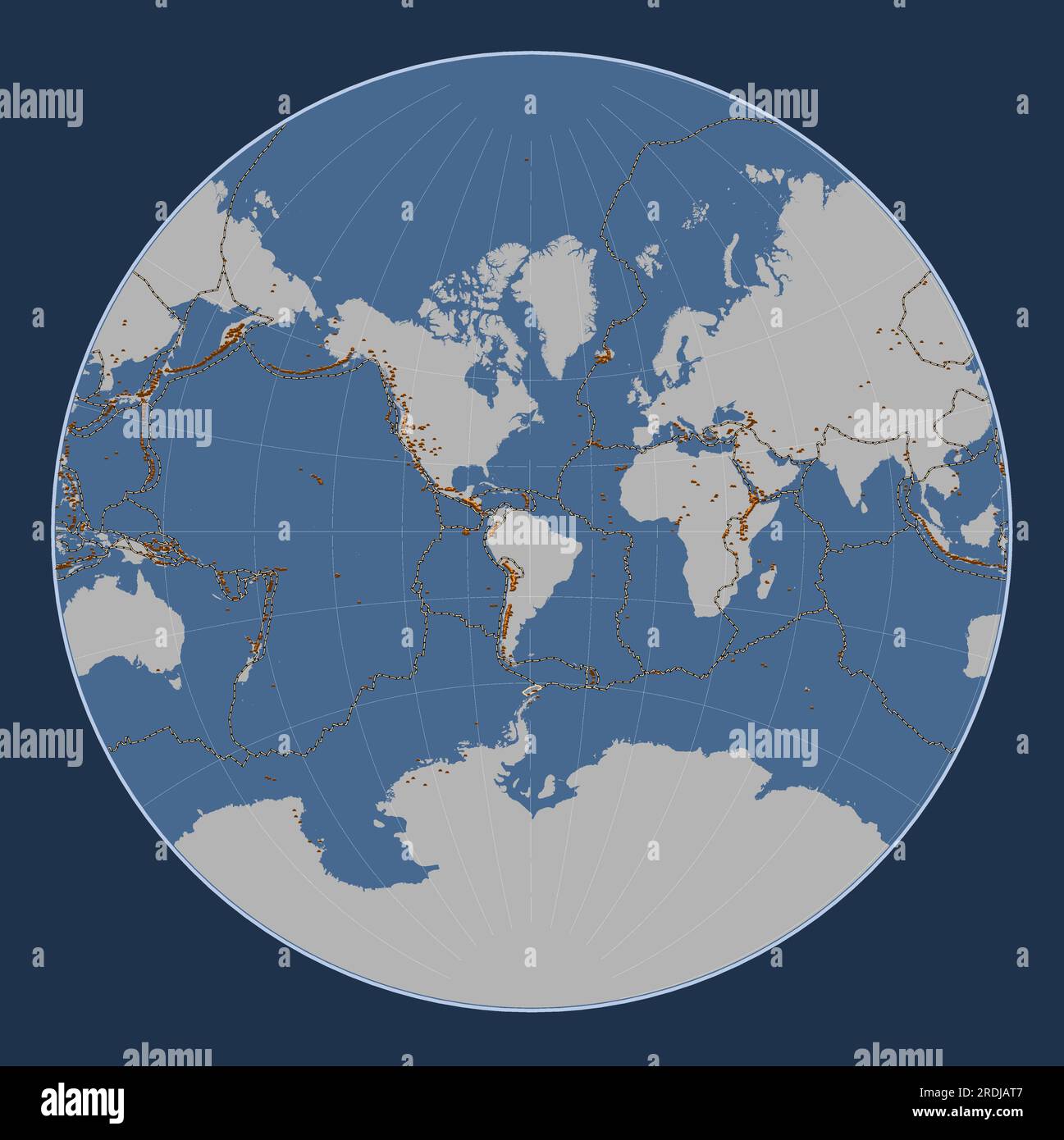 Forme de la plaque tectonique des Shetland sur la carte de contour solide dans la projection de Lagrange centrée méridien. Répartition des volcans connus Illustration de Vecteur