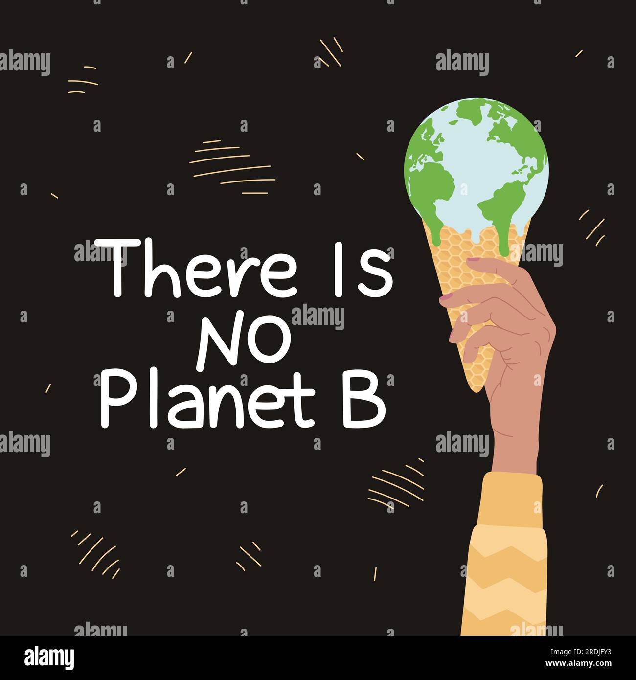 Il n'y a pas de citation de la planète B. Affiche sur le réchauffement climatique et le changement climatique avec crème glacée faisant fondre la Terre en gaufre dans la main féminine. Hausse de la température mondiale. Illustration de Vecteur