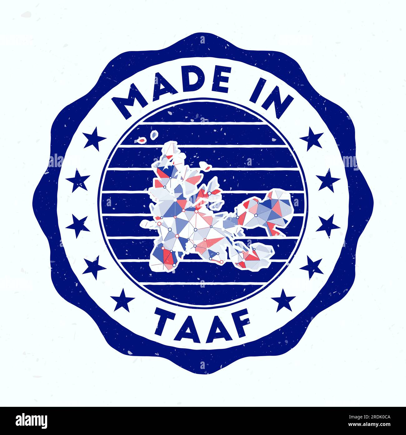 Fabriqué en TAAF. Timbre rond de pays. Joint de TAAF avec forme de bordure. Badge vintage avec texte circulaire et étoiles. Illustration vectorielle. Illustration de Vecteur