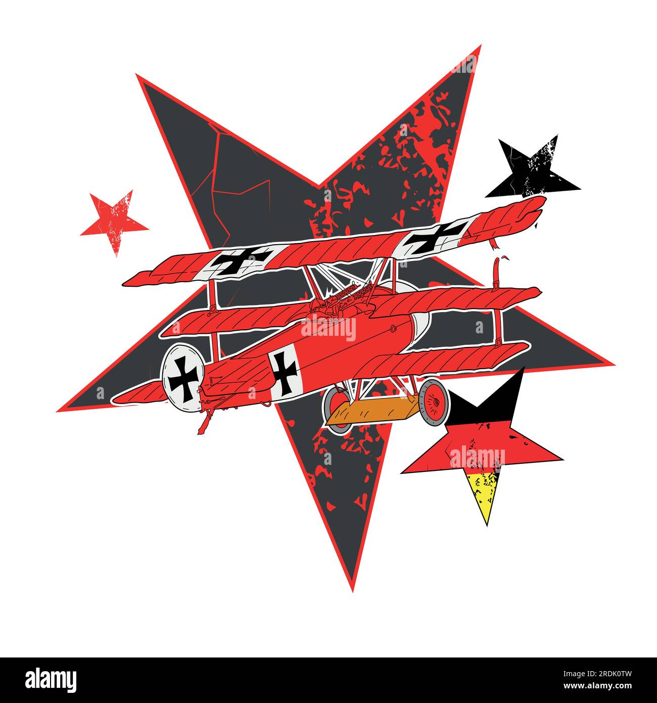 T-shirt design d'un avion rouge ancien sur des étoiles aux couleurs du drapeau allemand. Illustration vectorielle de thèmes de guerre. Illustration de Vecteur