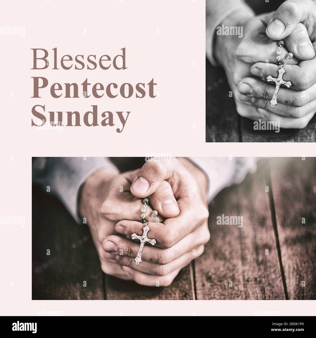 Texte béni du dimanche de pentecôte en marron sur des mains féminines rose clair et caucasiennes tenant le crucifix Banque D'Images