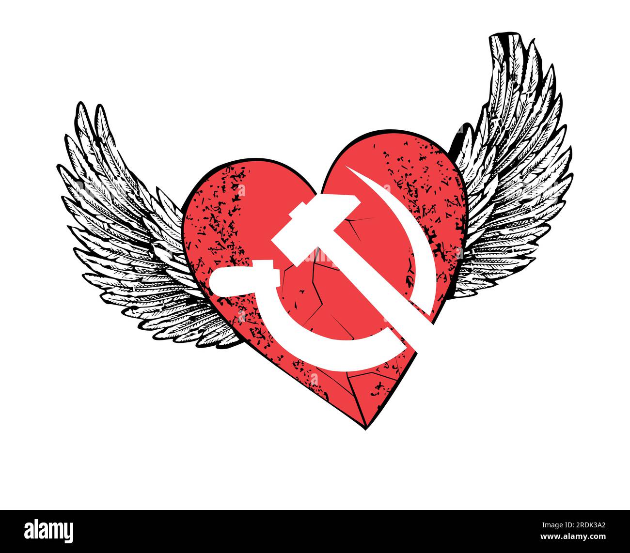 T-shirt design d'un coeur rouge ailé avec le symbole du communisme isolé sur blanc. Illustration vectorielle d'un marteau et d'une faucille pour les autocollants. Illustration de Vecteur