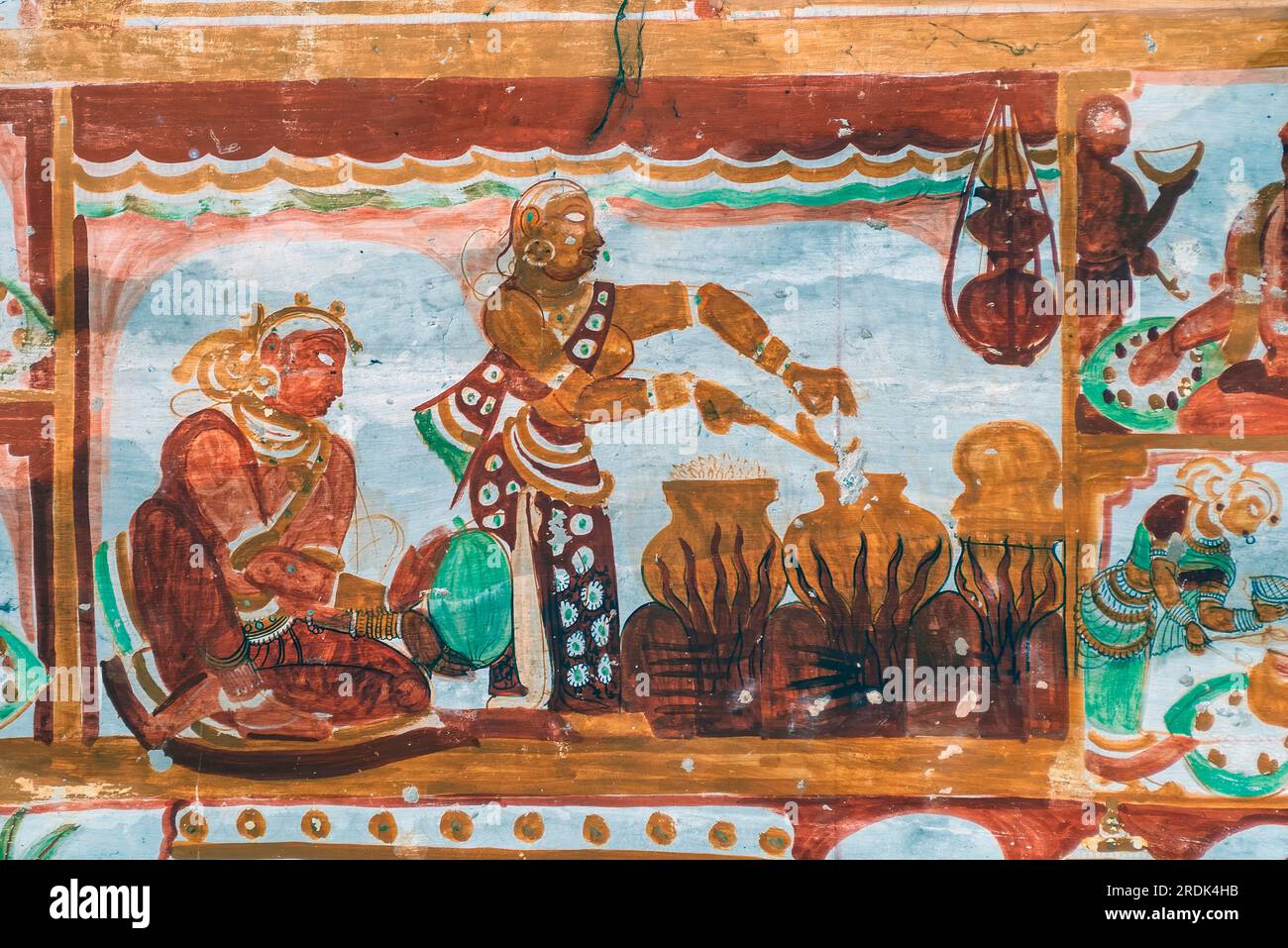 Peintures murales Nayak du 16e siècle fresques dans Thillai Nataraja Temple plafond, Chidambaram, Tamil Nadu, Inde du Sud, Inde, Asie. Pongal Banque D'Images