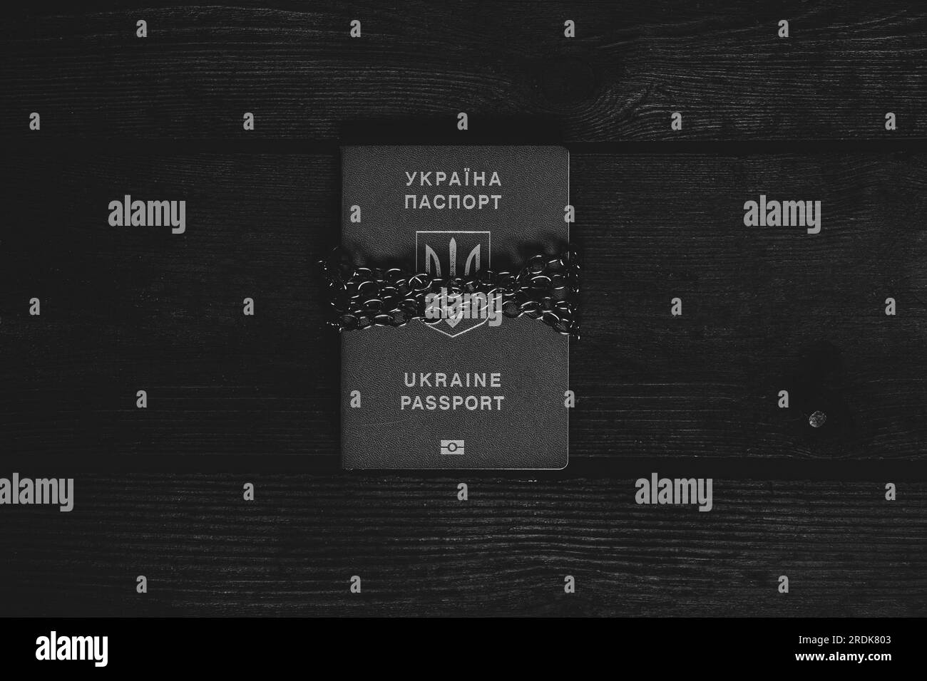 Un passeport biométrique étranger de l'Ukraine attaché avec des chaînes se trouve sur un tableau une arrestation et une interdiction de l'ukrainien, photo en noir et blanc Banque D'Images