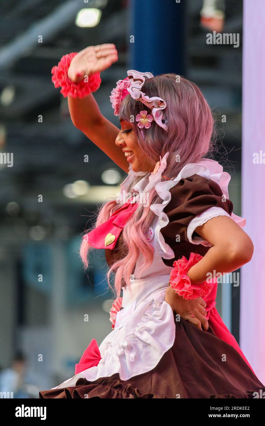 Londres, Royaume-Uni, 21 juillet 2023, Hyper Japan est un festival annuel qui se tient à Londres et qui célèbre la culture et le mode de vie japonais. Le festival a offert une variété d'activités, de performances et d'expositions liées au Japon qui couvraient un large éventail de sujets allant des arts traditionnels et de la nourriture à la culture pop moderne et à la technologie., Andrew Lalchan Photography/Alamy Live News Banque D'Images