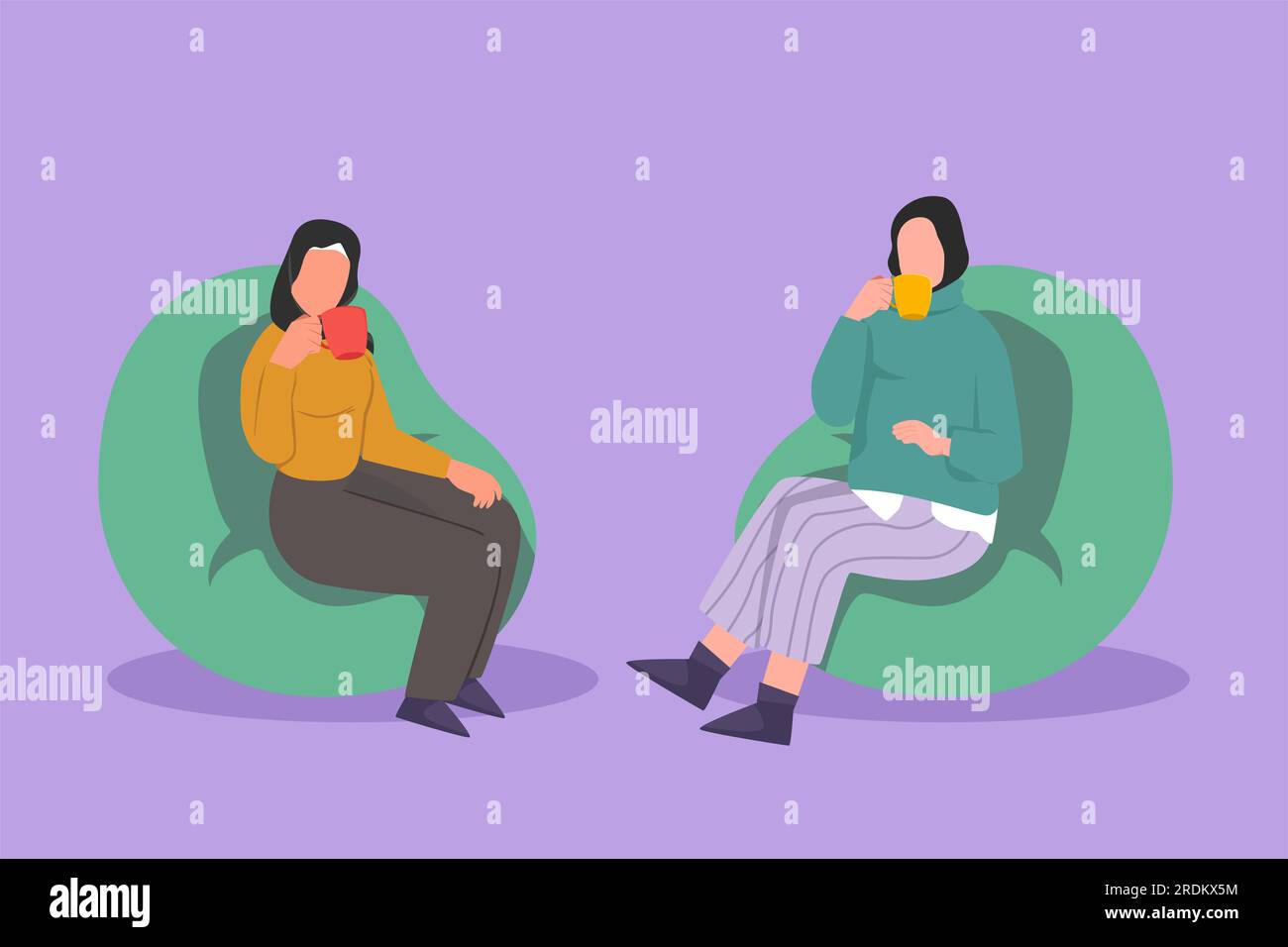 Dessin de style plat de dessin animé deux femmes arabes parlant se relaxant dans le salon à la maison ou le salon d'attente de bureau. Amis assis boire dans le hall du dortoir wi Banque D'Images