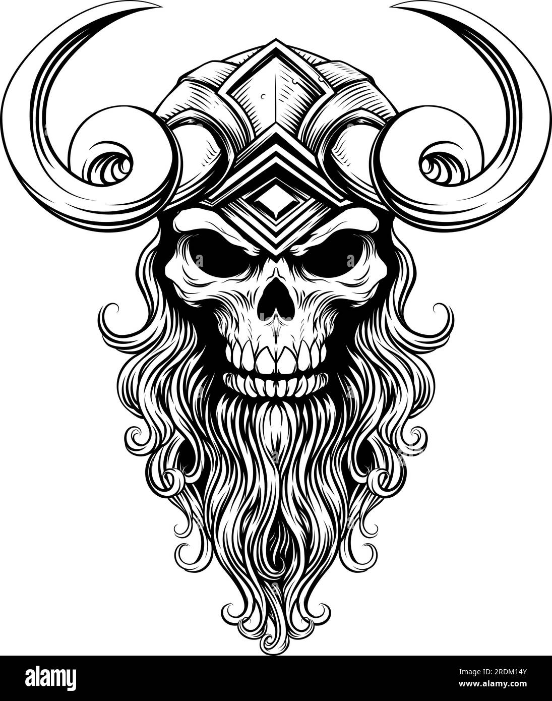 Viking Warrior Skull Man Mascot visage dans le casque Illustration de Vecteur