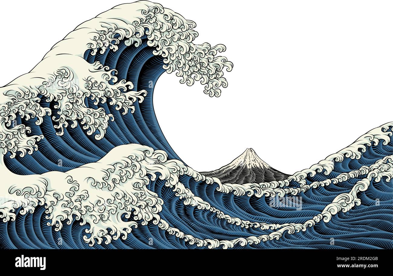 Japon Grande vague Mer Japon gravé Art Design Illustration de Vecteur