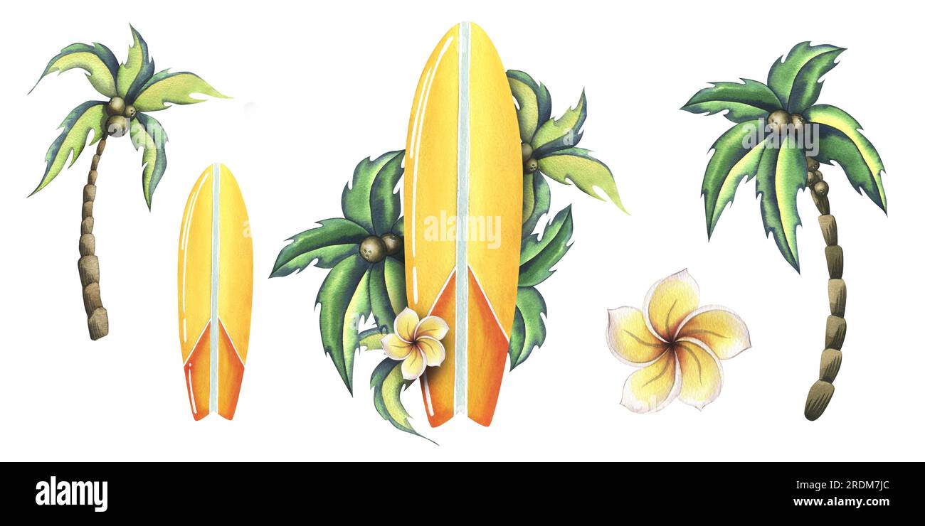 Planche de surf en jaune et orange avec des rayures avec des feuilles tropicales et des fleurs de frangipanier. Illustration à l'aquarelle dessinée à la main. Ensemble d'éléments isolés Banque D'Images