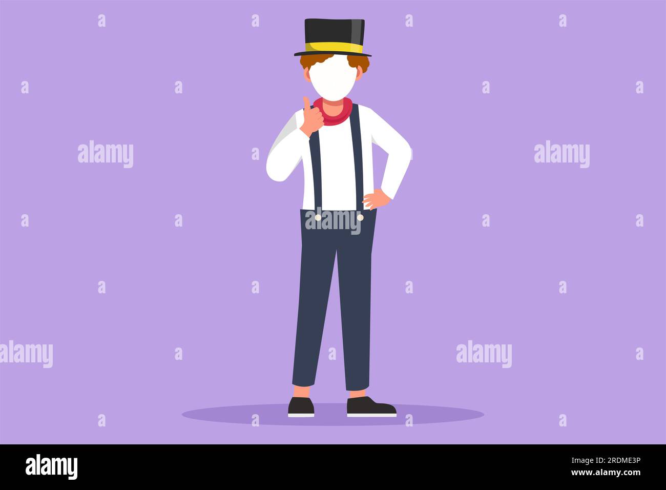 Dessin de style plat de dessin animé artiste de mime se tient avec le geste de pouce vers le haut, le visage de maquillage blanc fait rire le public avec la comédie silencieuse. Divertissement avec Banque D'Images