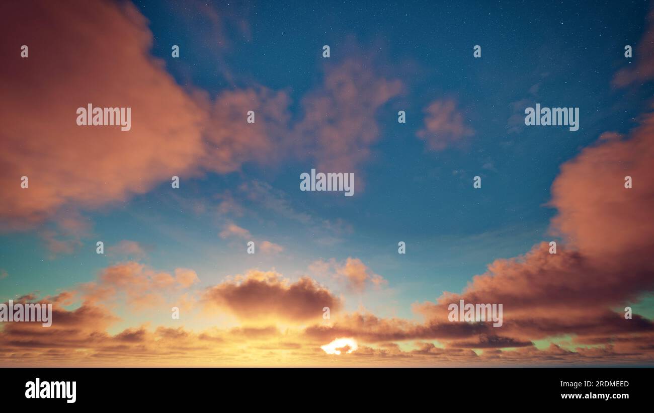 Nuages dorés sur le ciel étoilé bleu et soleil le matin. Ciel nuageux. Beau paysage nuageux Banque D'Images