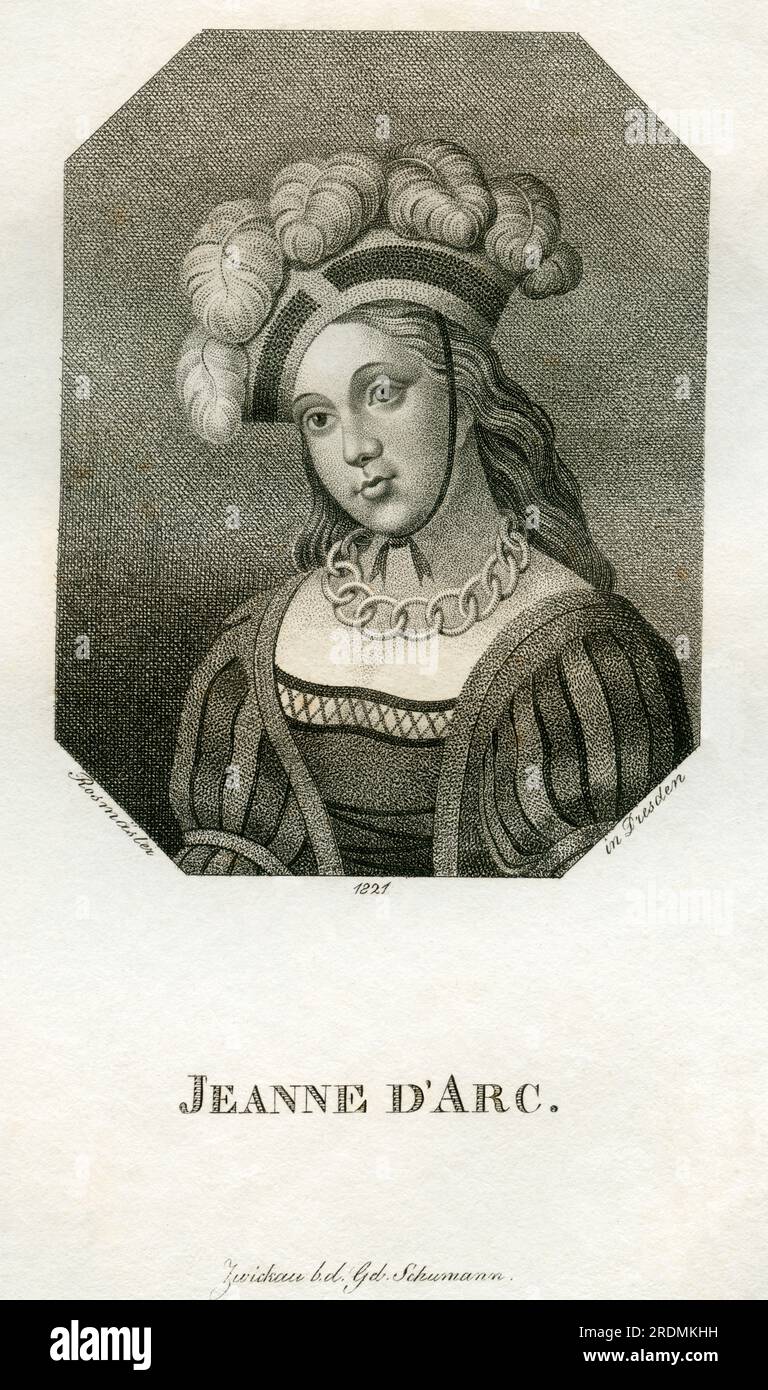 Europe, Frankreich, Domrémy, Rouen, Jungfrau von Orléans, Französische Nationalheldin, Kupferstich Rosmäsler, Dresde, UM 1820 ? / Europe, France, Domrémy, Rouen, Jeanne d'Arc, saint patron de la France, gravure sur cuivre de Rosmäsler , Dresde, vers 1820 ? Banque D'Images