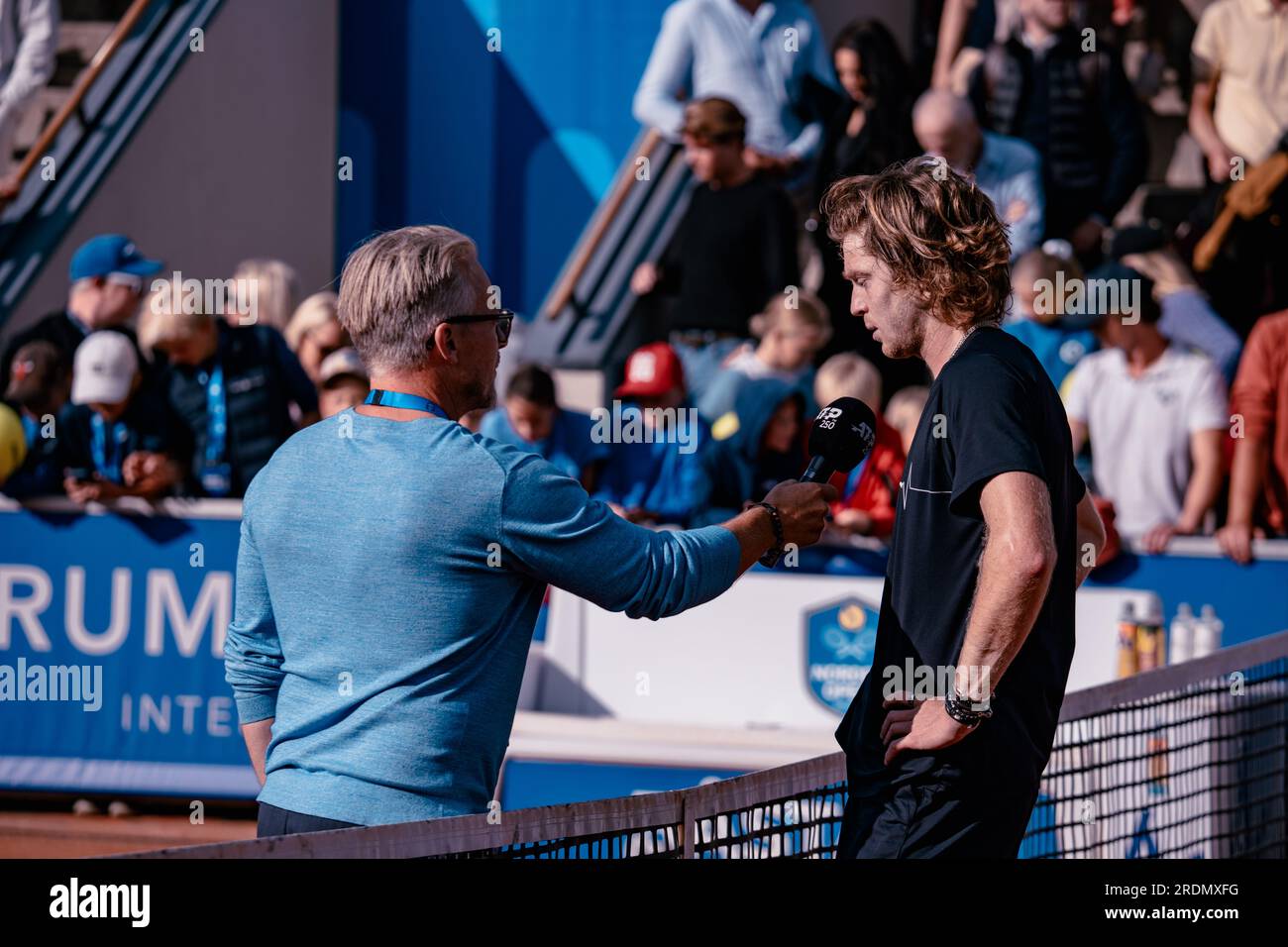 Båstad, Suède. 22 juillet 2023. Demi-finale du Nordea Open entre Andrey Rublev et Francisco Cerundolo, après un match durement disputé qu'Andrey Rublev a remporté en trois sets. Daniel Bengtsson crédit : Daniel Bengtsson/Alamy Live News Banque D'Images