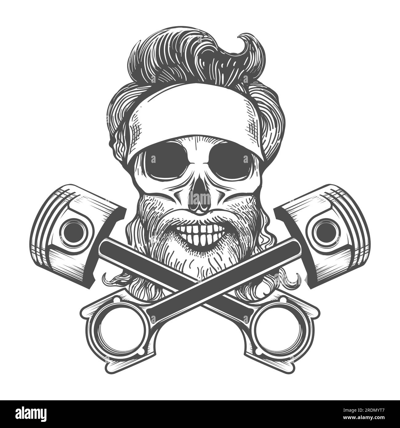 Tatouage de Biker Skull en Bandana et pistons de moto isolés sur blanc. Illustration vectorielle Illustration de Vecteur