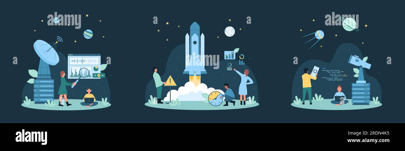 Découverte de l'espace, exploration de l'univers set illustration vectorielle. Cartoon minuscules gens découvrent des étoiles et des planètes de galaxie avec télescope et navette, se connecter au satellite pour envoyer des messages de vitesse Illustration de Vecteur Découverte de l'espace, exploration de l'univers set illustration vectorielle. Cartoon minuscules gens découvrent des étoiles et des planètes de galaxie avec télescope et navette, se connecter au satellite pour envoyer des messages de vitesse Illustration de Vecteur