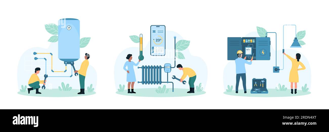 Illustration du vecteur de service de réparation d'inspection et d'entretien. Les ingénieurs minuscules de dessin animé vérifient le système de plomberie et de chauffage de la maison, contrôlent la température avec le thermomètre et l'application mobile, fixant le tableau de commutation Illustration de Vecteur