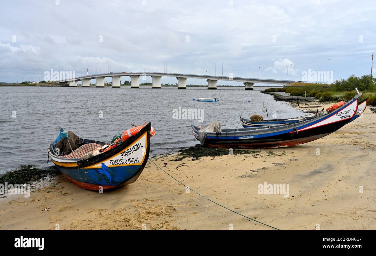 Petits bateaux de pêche commerciaux traditionnels, moliceiros, le long de la plage de la lagune d'Aveiro avec le pont Ponte da Varela en arrière-plan Banque D'Images