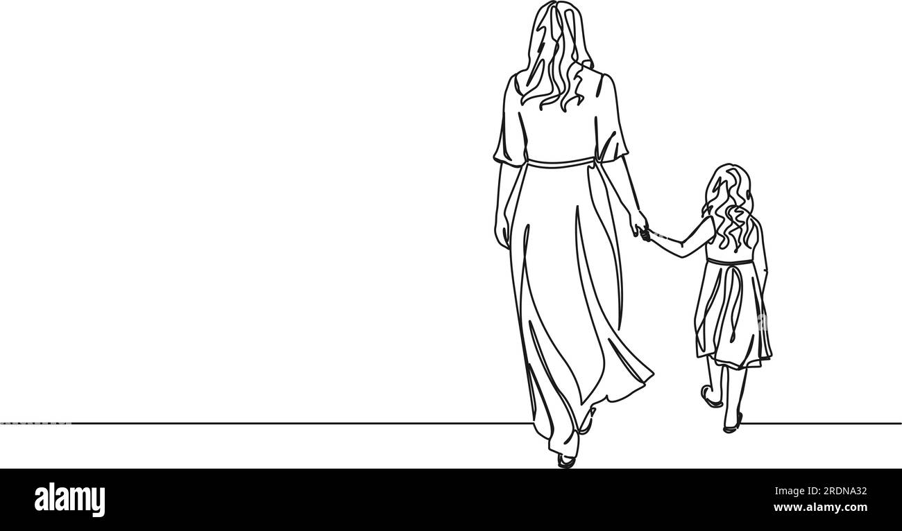 dessin continu à une seule ligne de la mère et de la jeune fille marchant main dans la main, illustration vectorielle d'art au trait Illustration de Vecteur