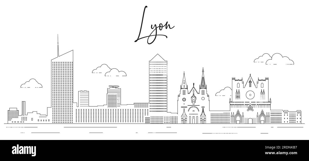 Illustration vectorielle d'art de ligne d'horizon de Lyon Illustration de Vecteur
