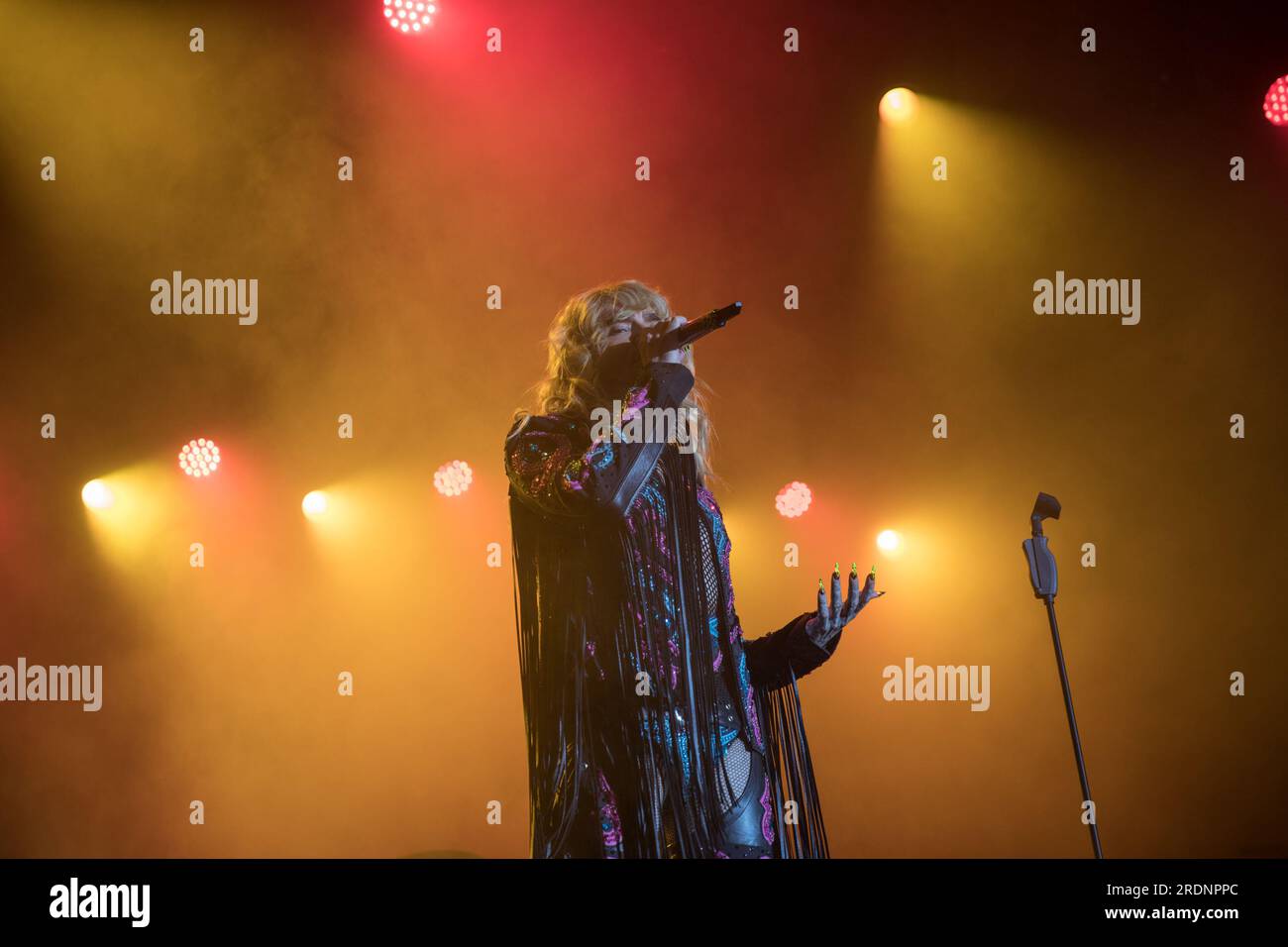 22 juillet 2023, Berlin, Allemagne : le 22 juillet 2023, le Christopher Street Day (CSD) de Berlin, également connu sous le nom de Berlin Pride, a culminé avec une performance mémorable du groupe de rock allemand Tokio Hotel à la porte historique de Brandebourg. L’événement annuel, qui défend les droits LGBTQ et préserve les espaces queer, a vu des milliers de participants marcher dans les rues de la ville dans un vibrant signe de solidarité. Le groupe, dirigé par le chanteur Bill Kaulitz, le guitariste Tom Kaulitz, le bassiste Georg Listing et le batteur Gustav Schaefer, livre une performance électrisante et poignante. Leur performance était un mus Banque D'Images