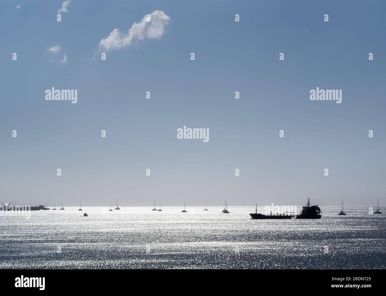 beau paysage marin, silhouettes noires de navires et de yachts dans la mer, la mer est argentée, espace copie Banque D'Images