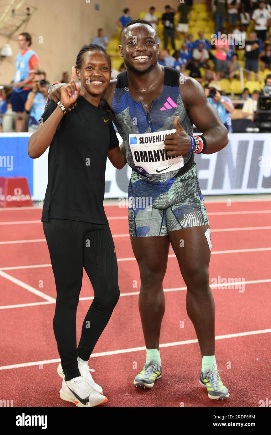 Faith Kipyegon (KEN), vainqueur du Mile féminin, et Ferdinand Omanyala (KEN), vainqueur du 100m masculin, posent lors du meeting Herculis Monaco au stade Louis II, vendredi 21 juillet 2023, à Monaco. (Jiro Mochizuki/image du sport) Banque D'Images