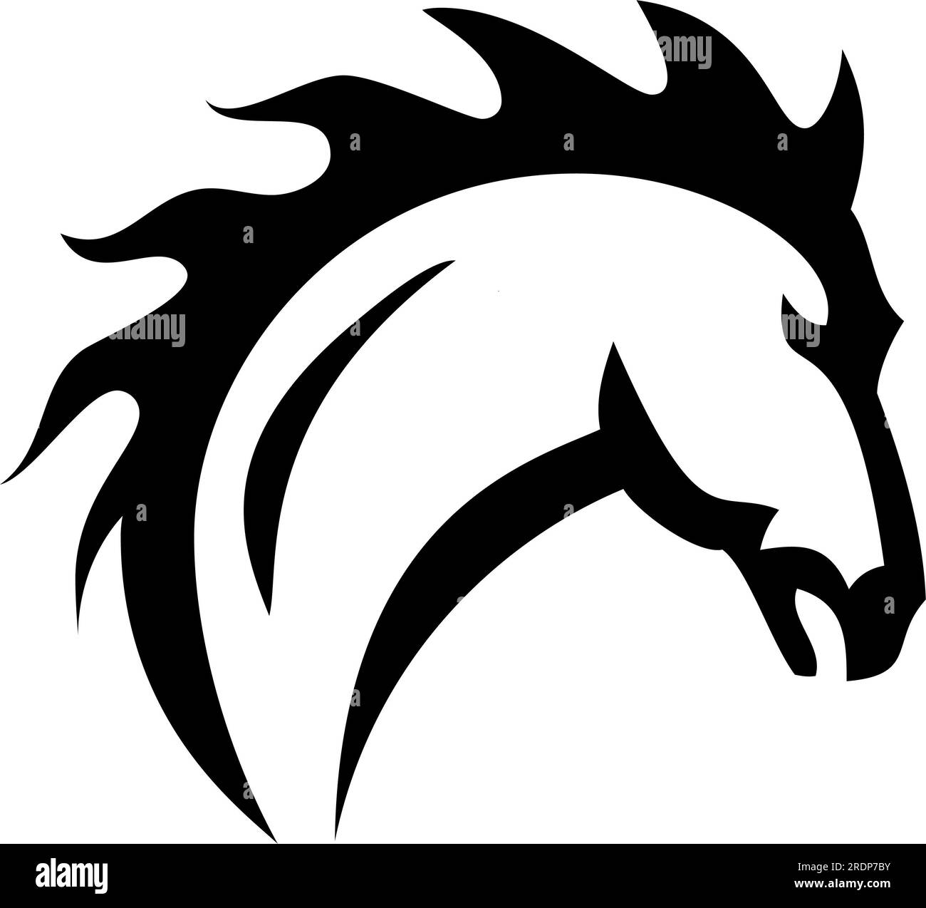 Illustration de style tatouage tribal d'une tête de cheval ou d'étalon avec crinière ardente sur le feu vue de côté sur fond blanc isolé fait en noir Banque D'Images