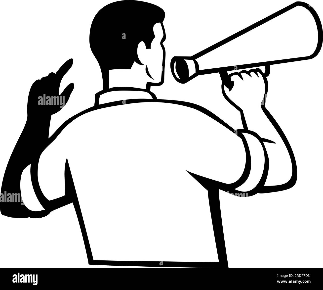 Travailleur activiste syndical avec haut-parleur Bullhorn Megaphone vu de Rear View Retro style Banque D'Images