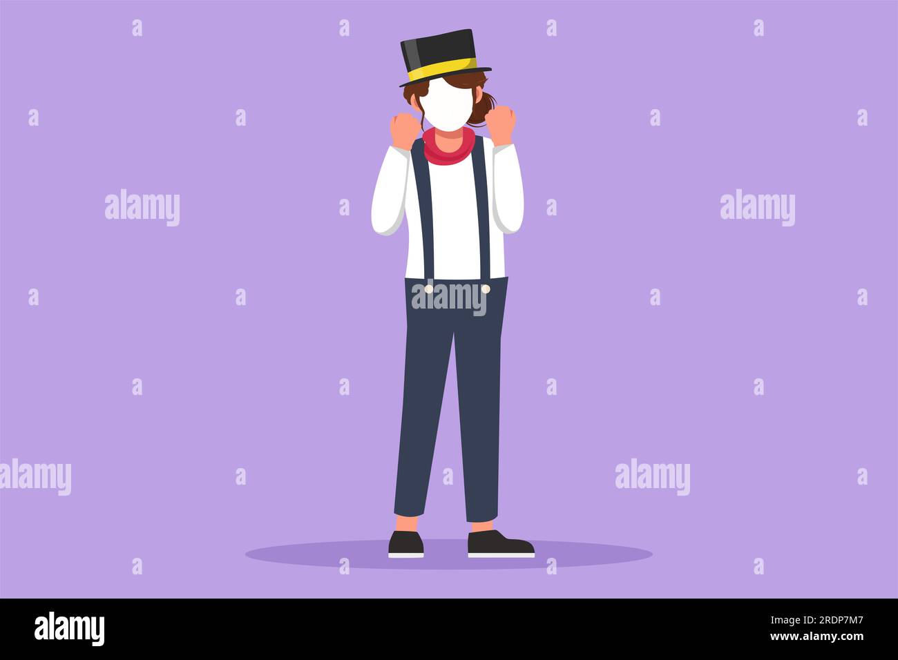 Design plat graphique dessinant artiste mime féminin debout avec geste de célébration, visage de maquillage blanc fait rire le public avec comédie silencieuse. Entertaine Banque D'Images