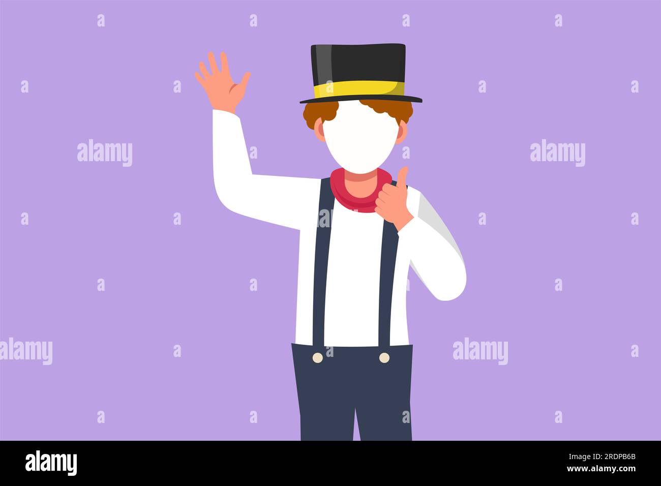 Dessin de style plat de dessin animé artiste de mime dire bonjour avec le geste de pouce vers le haut, le maquillage de visage blanc met sur le spectacle de comédie de mouvement silencieux au spectacle de cirque. Creativ Banque D'Images