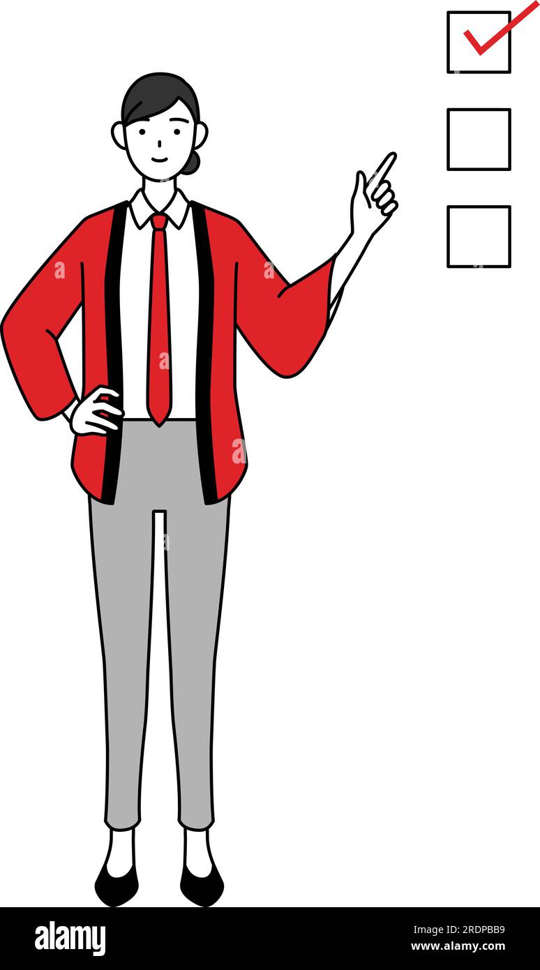 Femme portant un manteau happi rouge pointant vers une liste de contrôle, Illustration vectorielle Illustration de Vecteur