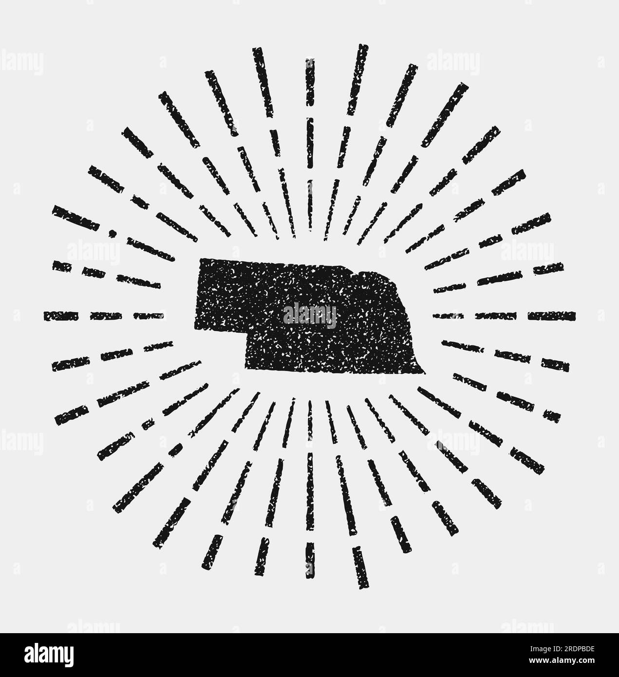 Carte vintage du Nebraska. Grunge Sunburst autour de l'état américain. Forme noire du Nebraska avec rayons du soleil sur fond blanc. Illustration vectorielle. Illustration de Vecteur
