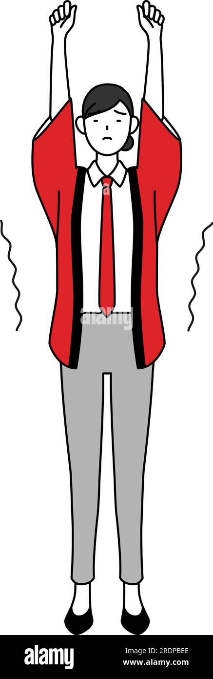 Femme portant un manteau happi rouge s'étirant et debout, Vector Illustration Illustration de Vecteur