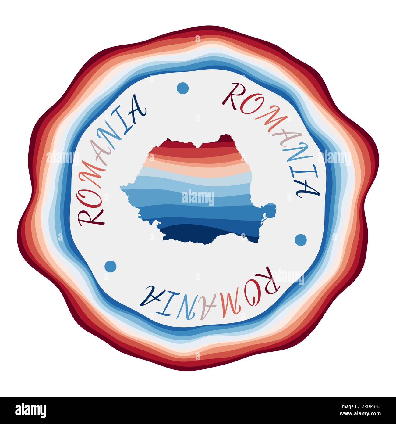 Badge Roumanie. Carte du pays avec de belles vagues géométriques et un cadre rouge et bleu vif. Logo rond vif de la Roumanie. Illustration vectorielle. Illustration de Vecteur