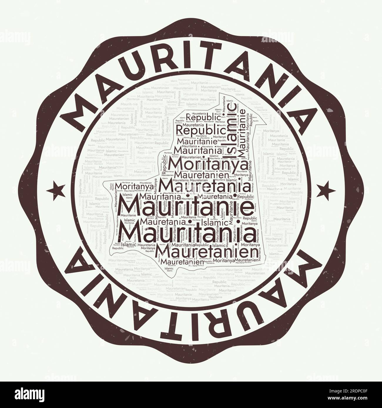 Logo Mauritanie. Étonnant badge de pays avec nuage de mots en forme de Mauritanie. Emblème rond avec nom du pays. Illustration vectorielle étonnante. Illustration de Vecteur