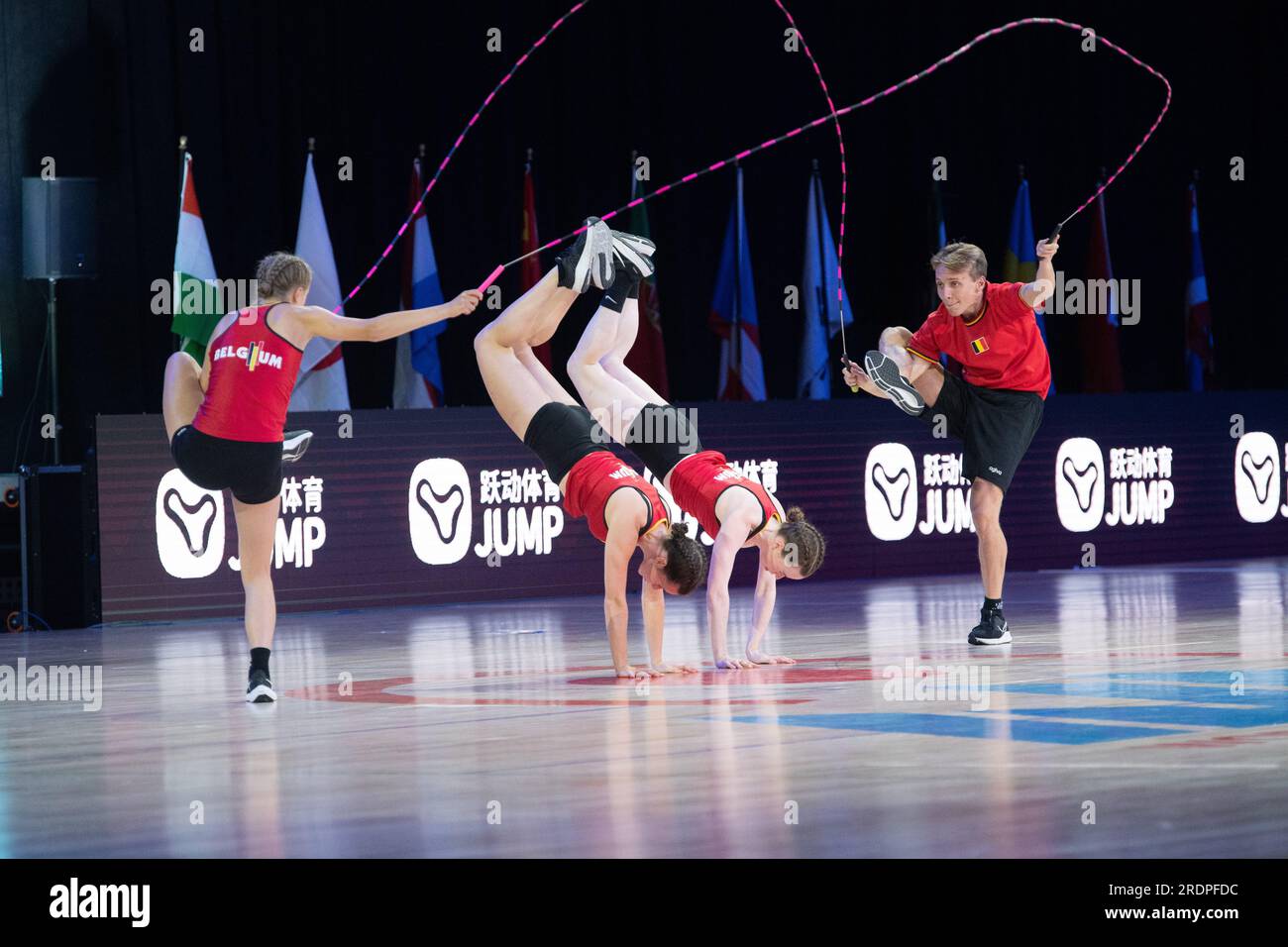 Finales du Championnat du monde de corde à sauter, Colorado Springs, Colorado, États-Unis. 22 juillet 2023. Mixed Double Dutch pairs Freestyle, équipe de Belgique crédit : Casey B. Gibson/Alamy Live News Banque D'Images