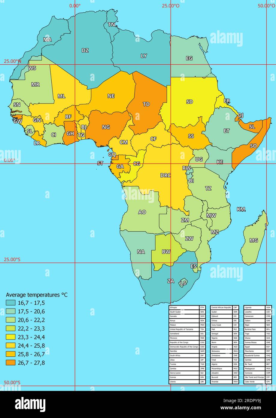 Carte Afrique des températures annuelles moyennes Banque D'Images