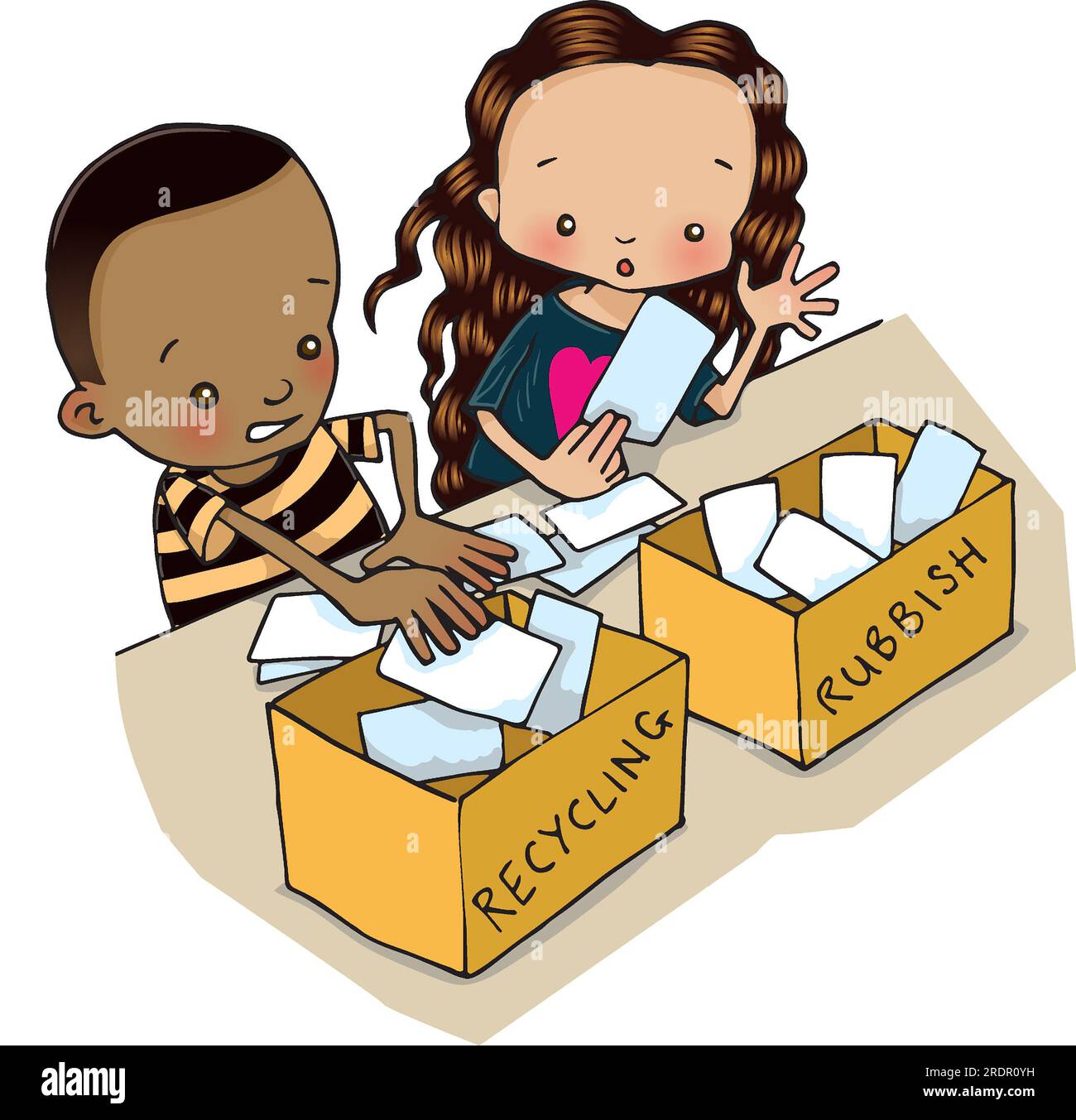 Jeune garçon noir et fille blanche triant les déchets dans différentes ...