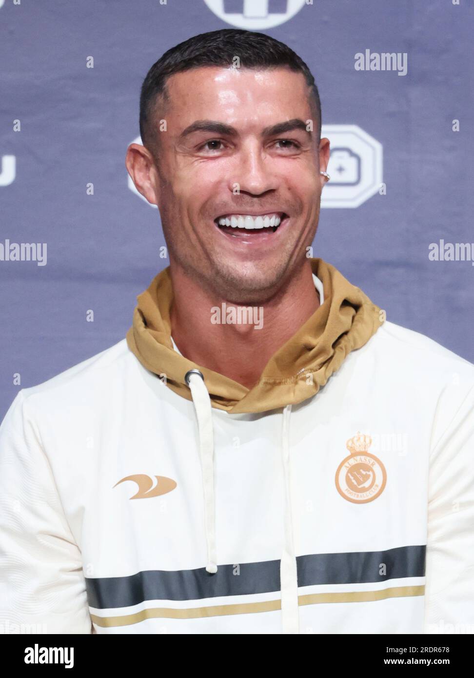 Osaka, Japon. 23 juillet 2023. Le joueur vedette portugais Cristiano Ronaldo, membre de l'équipe saoudienne de football Al Nassr, s'exprime lors d'une conférence de presse à Osaka, dans l'ouest du Japon, le dimanche 23 juillet 2023. Al Nassr disputera un match de pré-saison contre le Paris Saint-Germain. (Photo de Yoshio Tsunoda/AFLO) crédit : AFLO Co. Ltd./Alamy Live News Banque D'Images