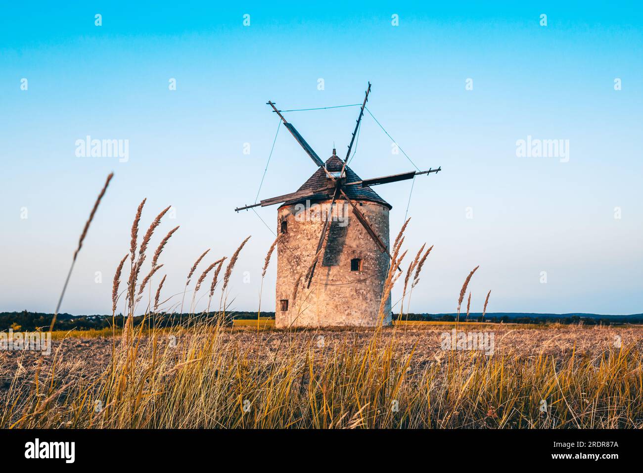 Moulin à vent au coucher du soleil avec des fleurs. Dans la soirée, ces moulins sont dans un grand paysage en Hongrie à tes am Balaton Banque D'Images