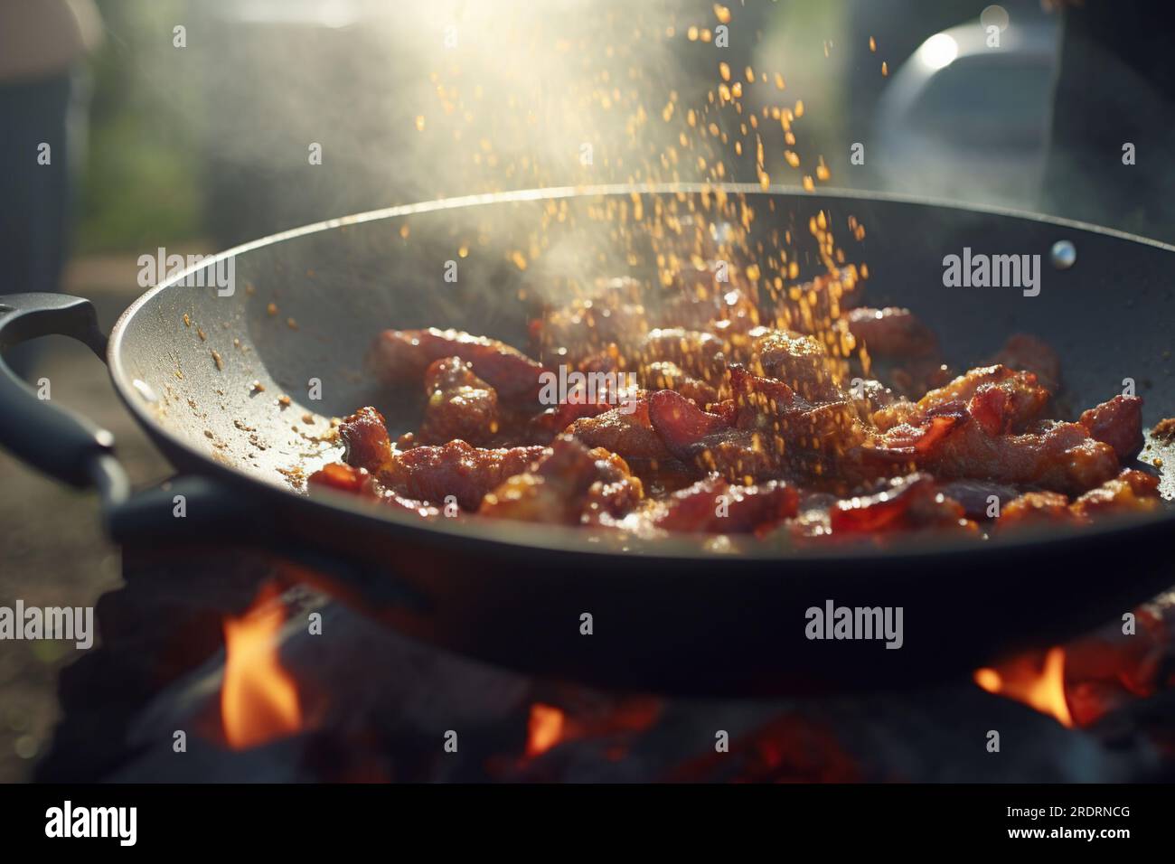 La viande grésille dans une poêle Banque D'Images