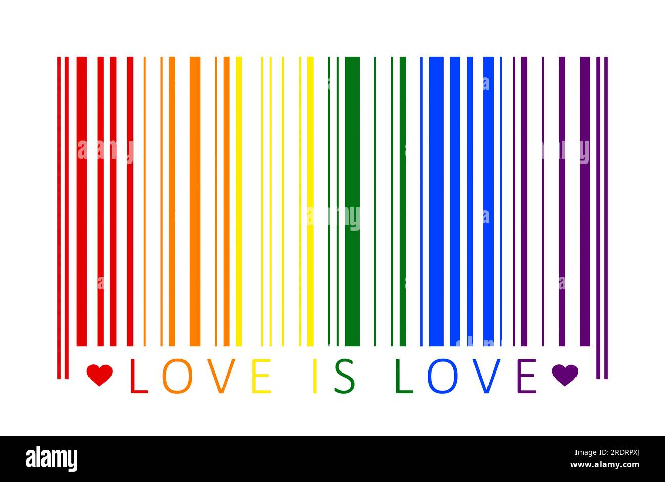 Code-barres coloré arc-en-ciel ou fierté avec la phrase « Love is love » sur fond blanc. Drapeau du mouvement LGBT, fierté gay et illustration du concept de commercialisme Banque D'Images