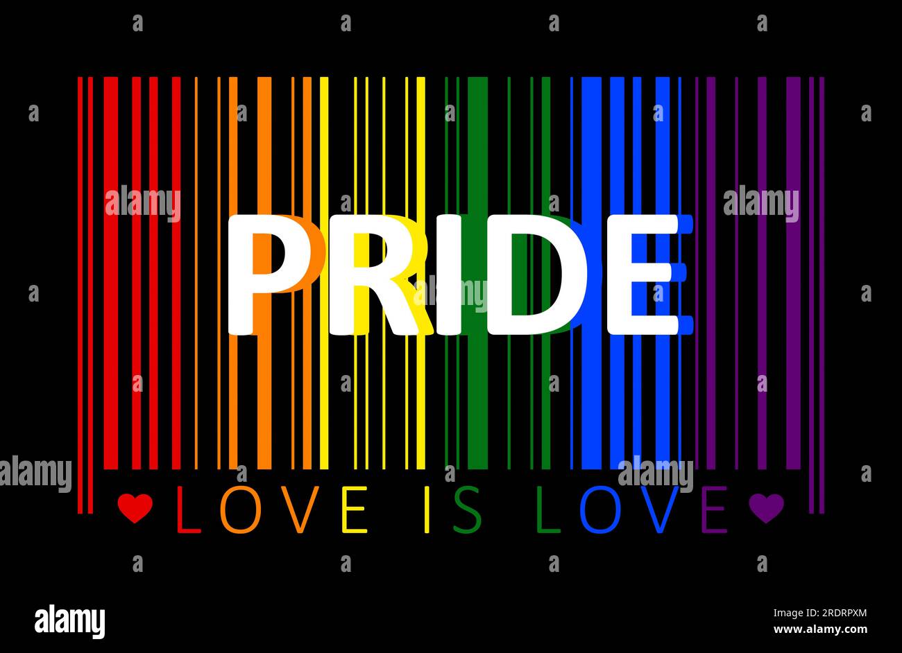 Code-barres couleur arc-en-ciel ou fierté avec mot « Pride » et phrase « Love is love » sur fond noir. Drapeau du mouvement LGBT, fierté gay et concept de commercialisme Banque D'Images