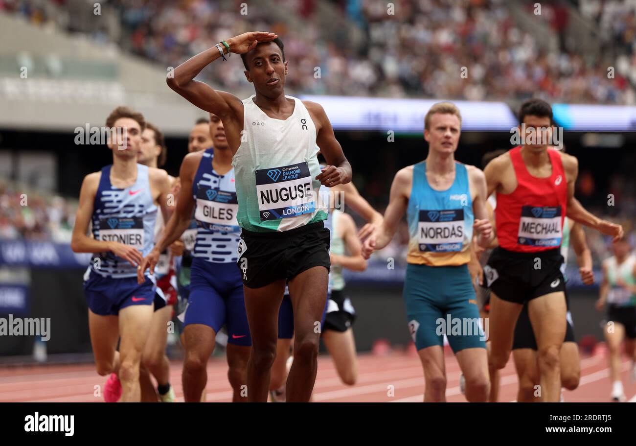 Londres, Royaume-Uni. 23 juillet 2023. États-Unis Yared Nuguse réagit après avoir remporté le 1500m masculin lors du Diamond Leagues Athletics Meeting de Londres. Crédit : George Tewkesbury/Alamy Live News Banque D'Images