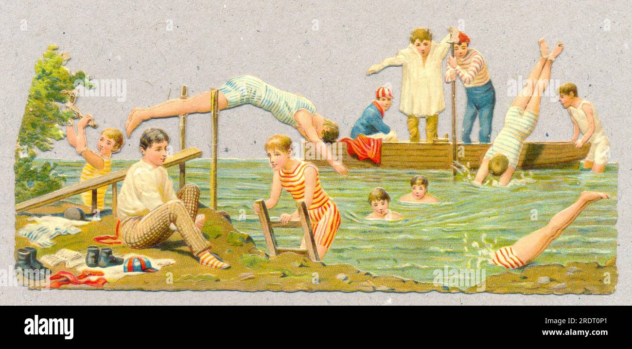 Chromolithographié découpe des morceaux de garçons appréciant la natation sauvage dans une rivière vers 1885 Banque D'Images
