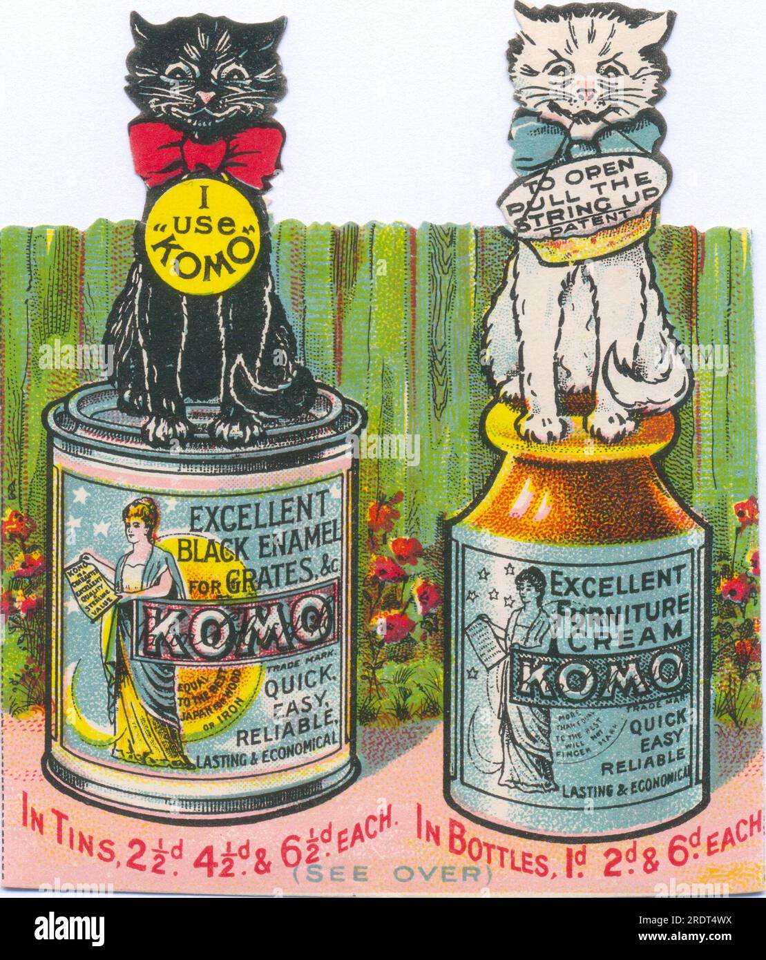 Publicité chromolithographiée découpée montrant deux chats sur des boîtes de Komo Black Enamel pour grilles et Komo Furniture Cream circa 1895 Banque D'Images