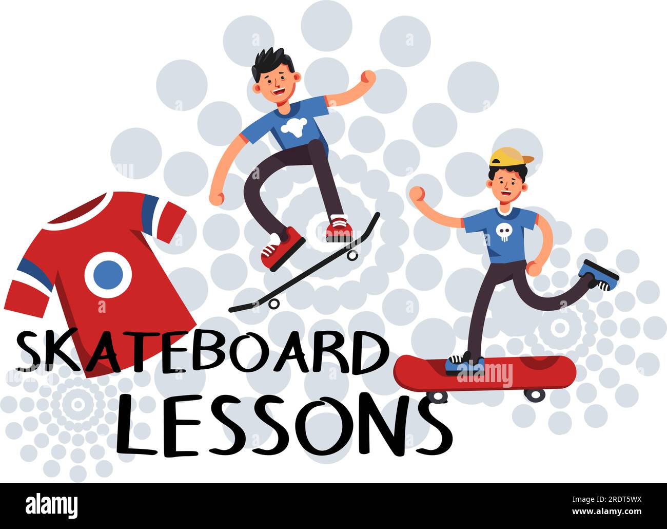 Cours et cours, cours pour débutants en skateboard. Les adolescents et les préadolescents sur les planches portant des uniformes spéciaux de club. Pratiquer et apprendre le tr Illustration de Vecteur