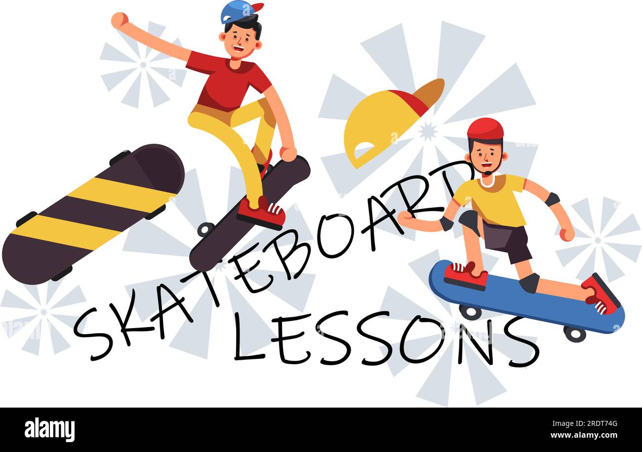 Leçons et cours apprendre à faire du skateboard. Cours avec entraîneur spécialisé, adolescents et préadolescents passe-temps et activités sportives pour le développement et l'improvisation Illustration de Vecteur