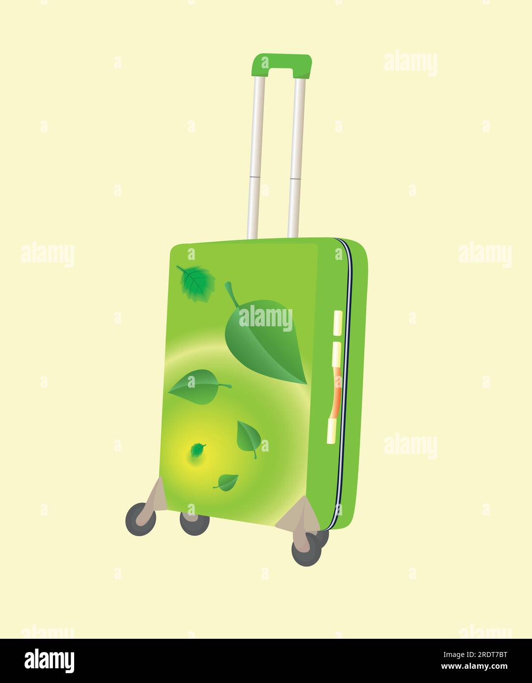 Valise verte sur roues avec feuilles peintes Illustration de Vecteur